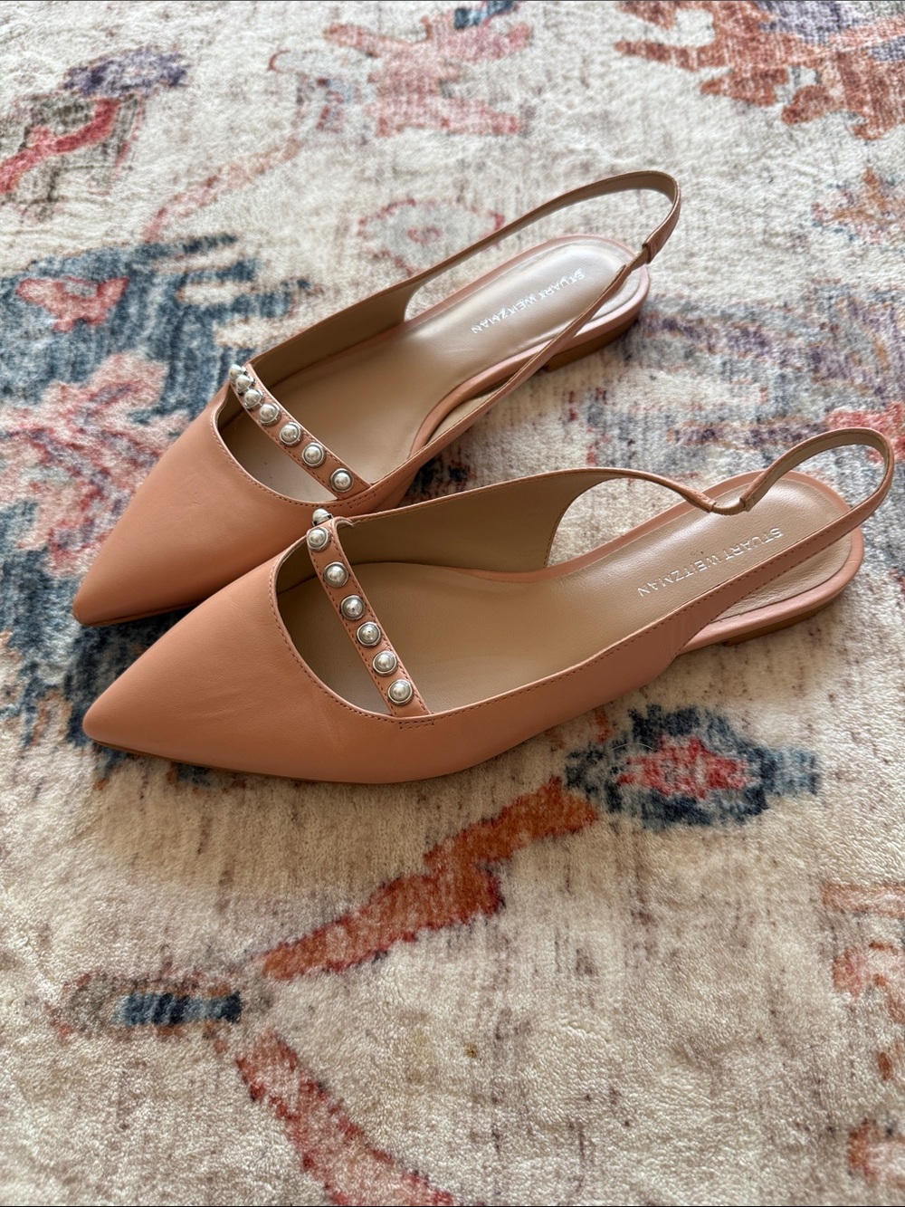 Stuart Weitzman Blush Pink Pearl-Accent Pointed Slingback Mules